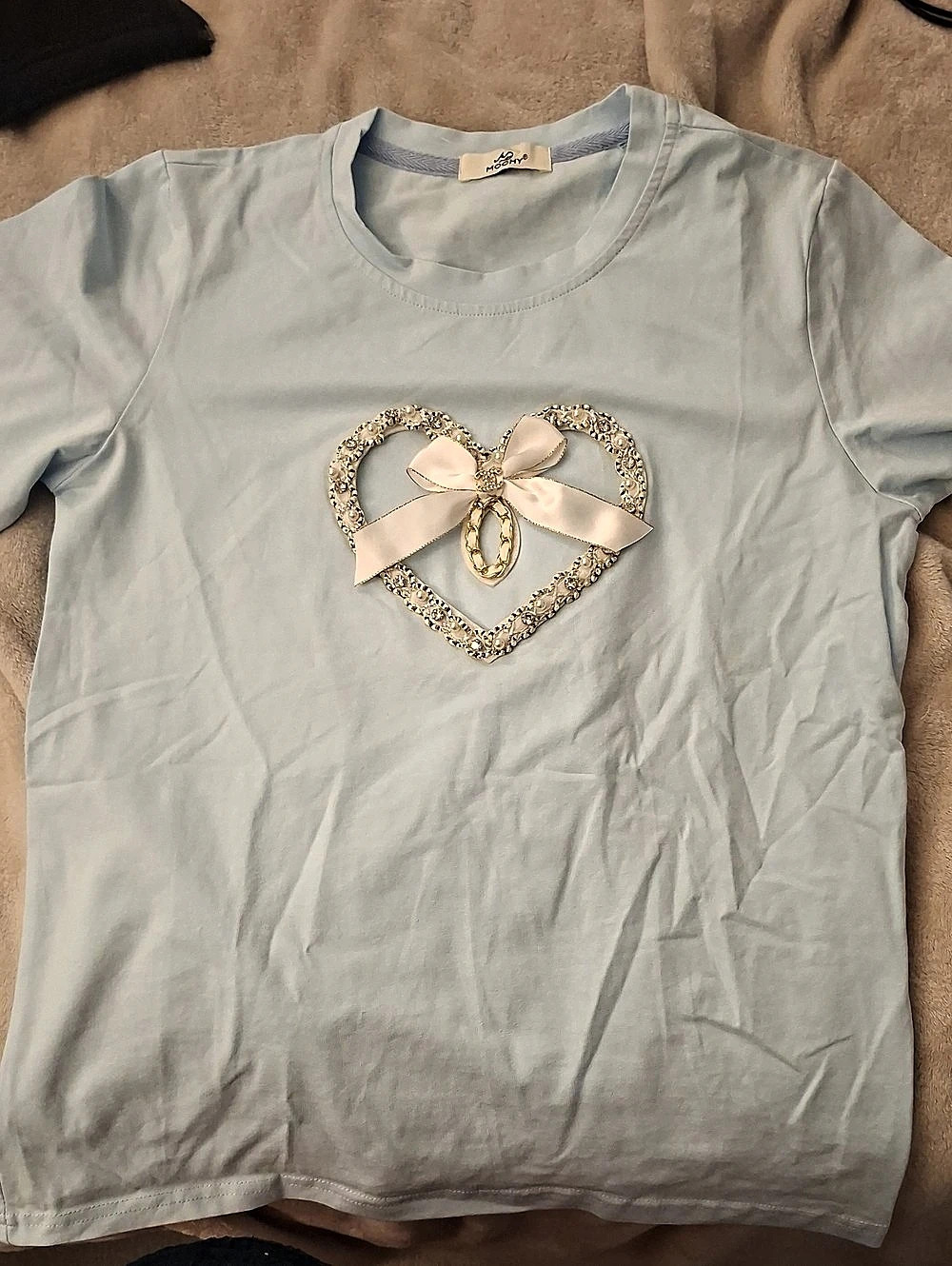 Embellished Heart Short Sleeve Tee in Blue Size M
